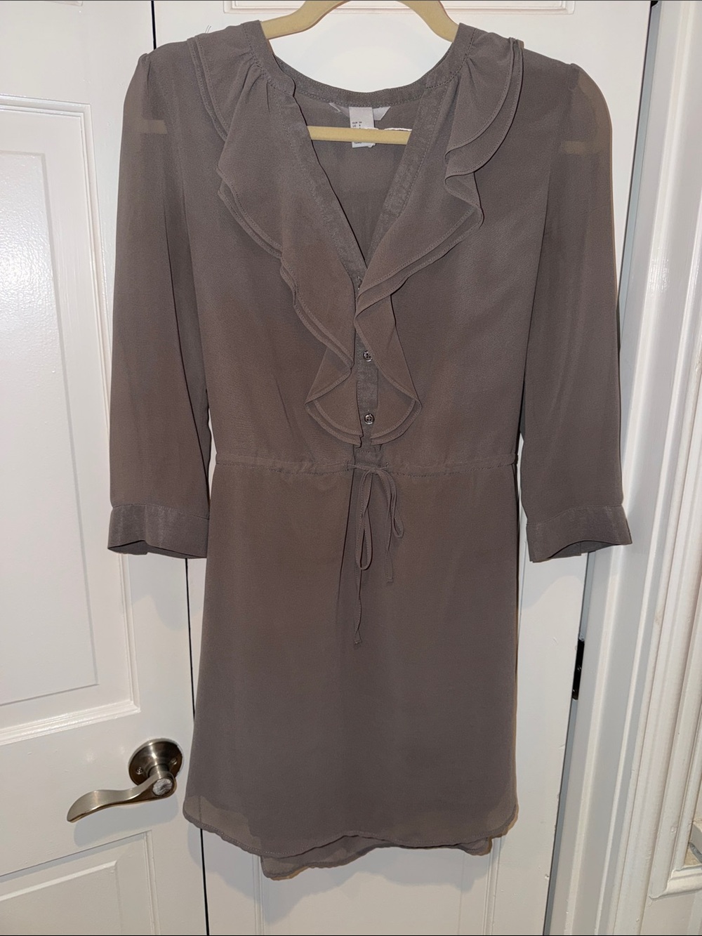 H&M Women's Taupe Ruffle V-Neck Tie-Waist Dress
